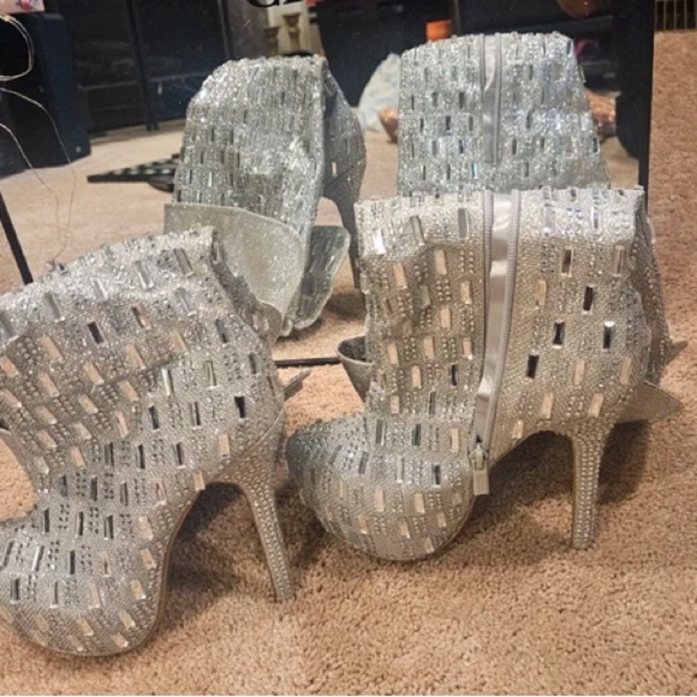 Women's Silver Crystal Embellished High Heel Ankle Boots